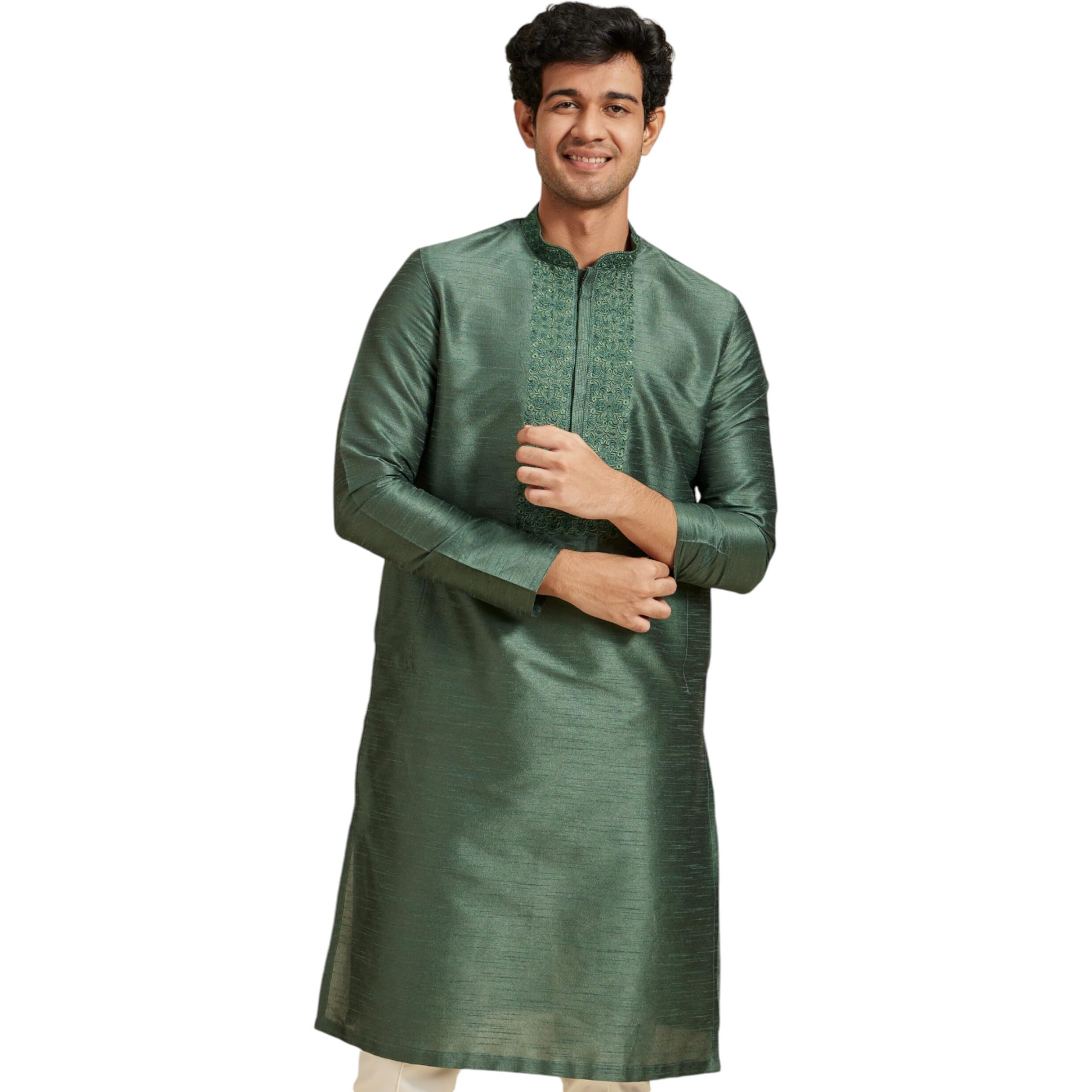 Diwas By Manyavar Men's Art Silk Embroidered |Stone Work Kurta (Dark Green,Xxl)