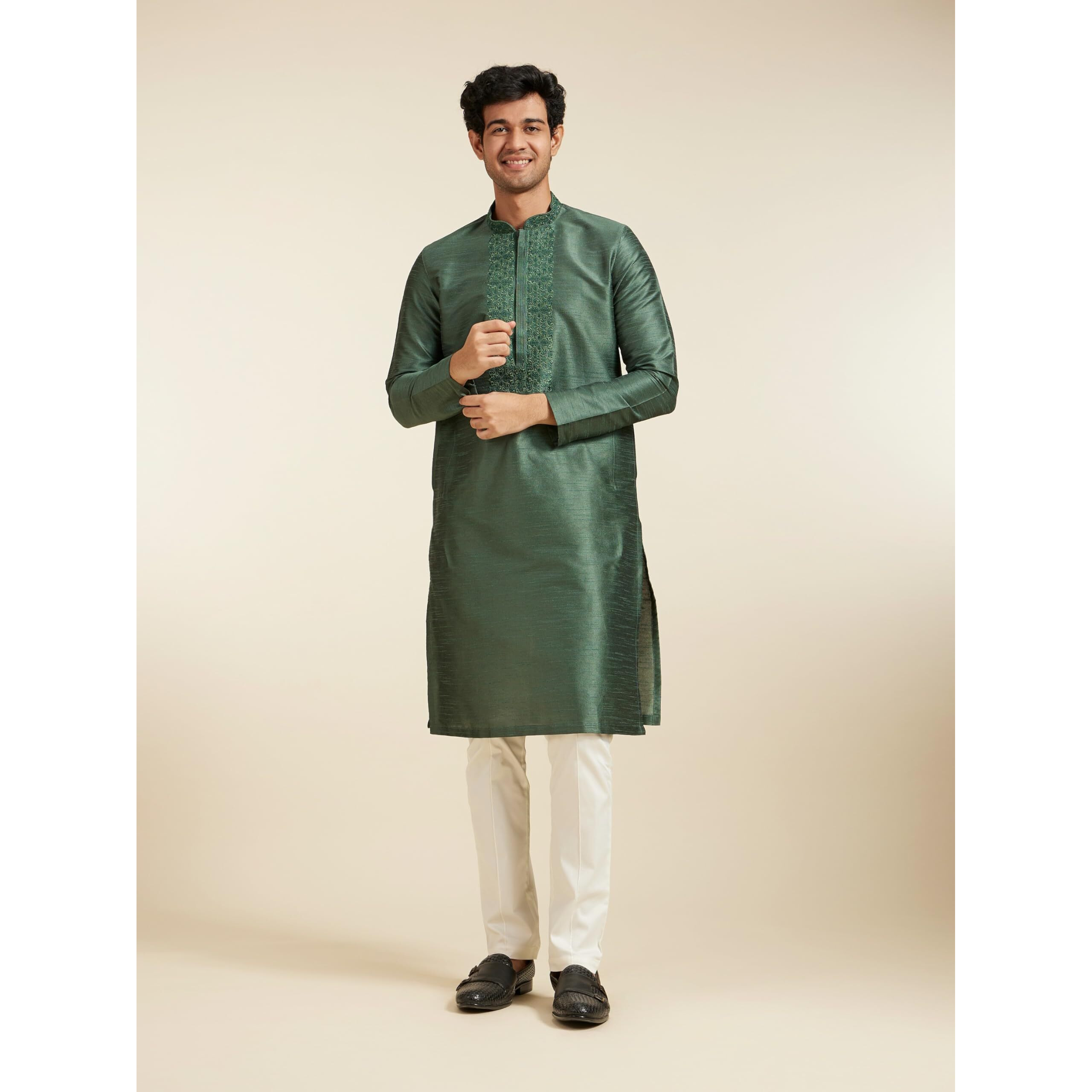 Diwas By Manyavar Men's Art Silk Embroidered |Stone Work Kurta (Dark Green,Xxl)
