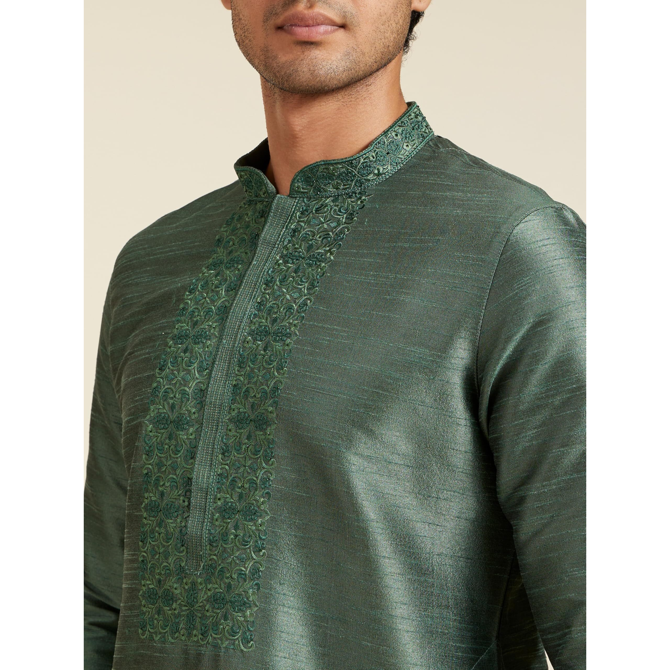 Diwas By Manyavar Men's Art Silk Embroidered |Stone Work Kurta (Dark Green,Xxl)