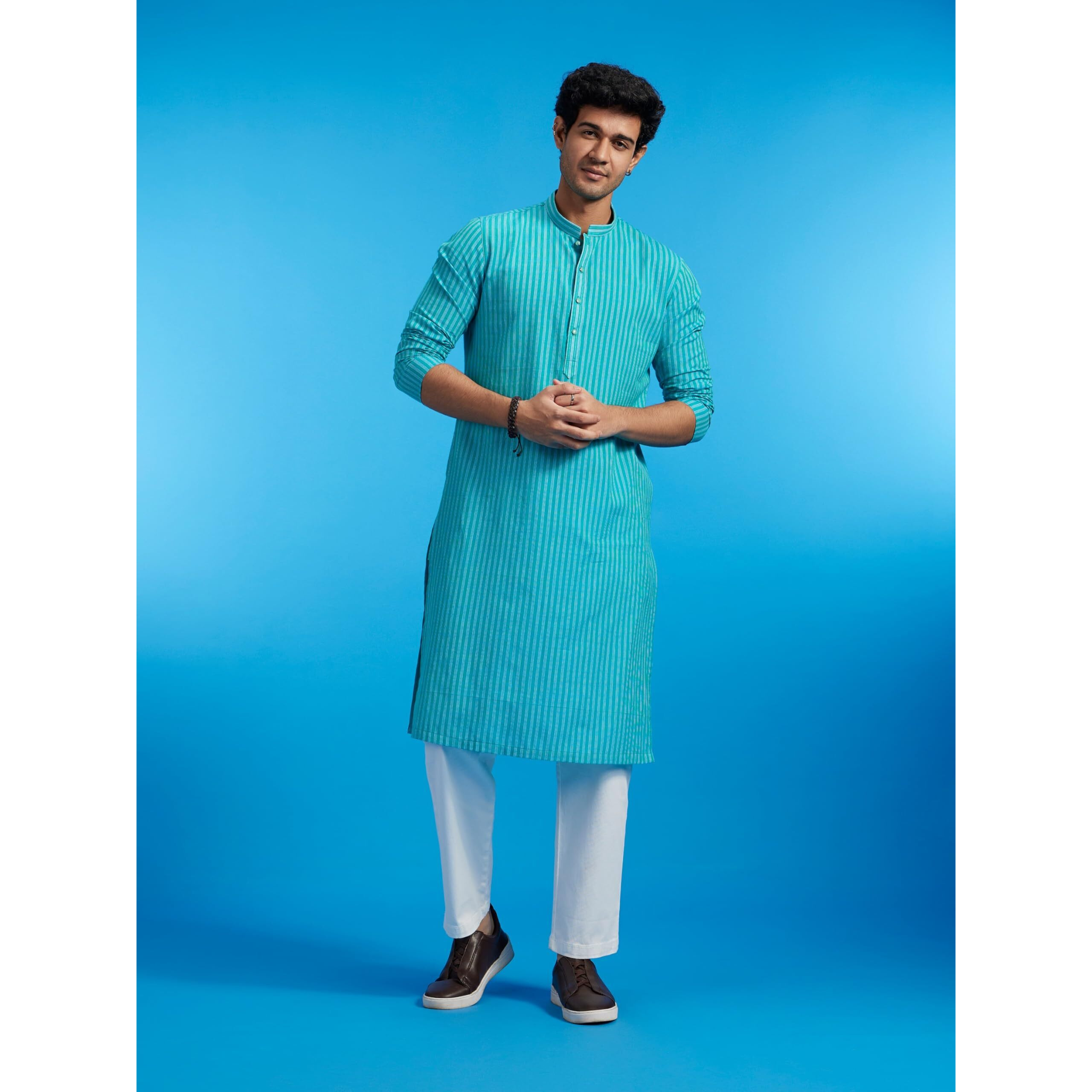 Diwas By Manyavar Men's Cotton Striped Kurta (Turquoise Blue,S)