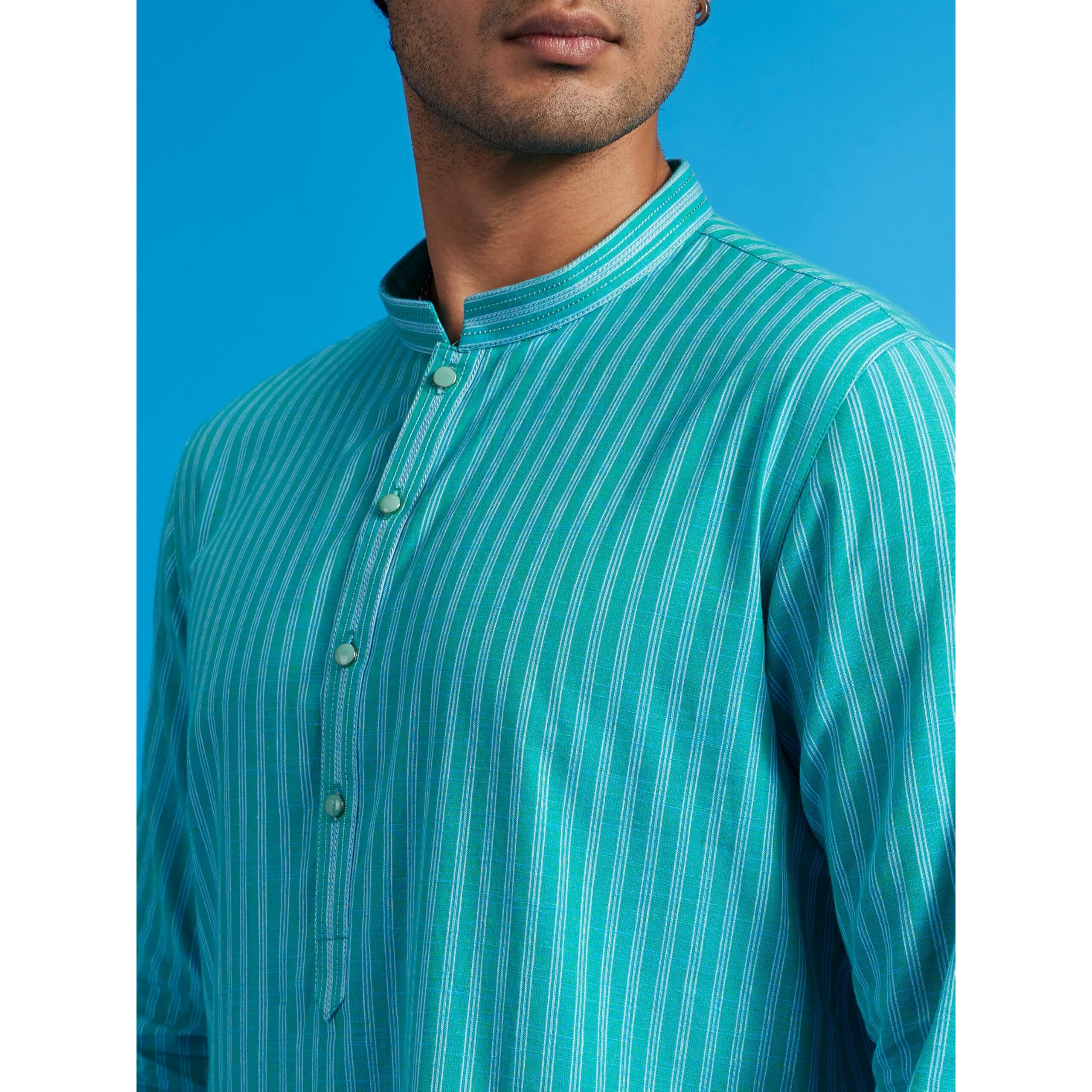 Diwas By Manyavar Men's Cotton Striped Kurta (Turquoise Blue,S)