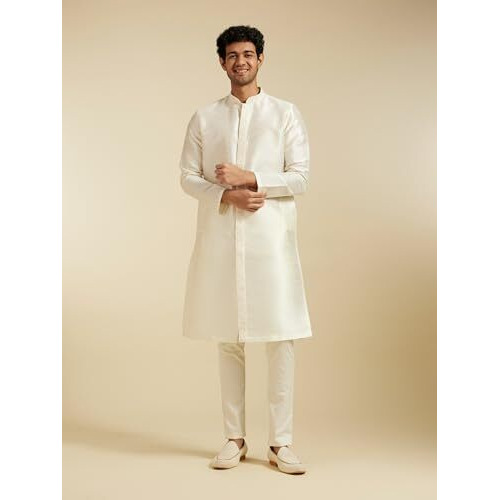 Diwas By Manyavar Men's Art Silk Embroidered | Jacquard Weave Kurta (Warm White,L)