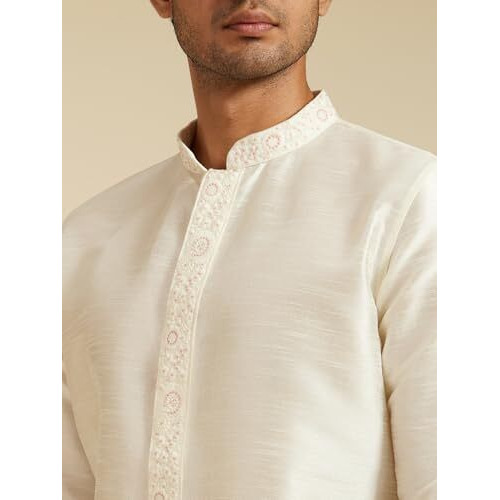 Diwas By Manyavar Men's Art Silk Embroidered | Jacquard Weave Kurta (Warm White,L)