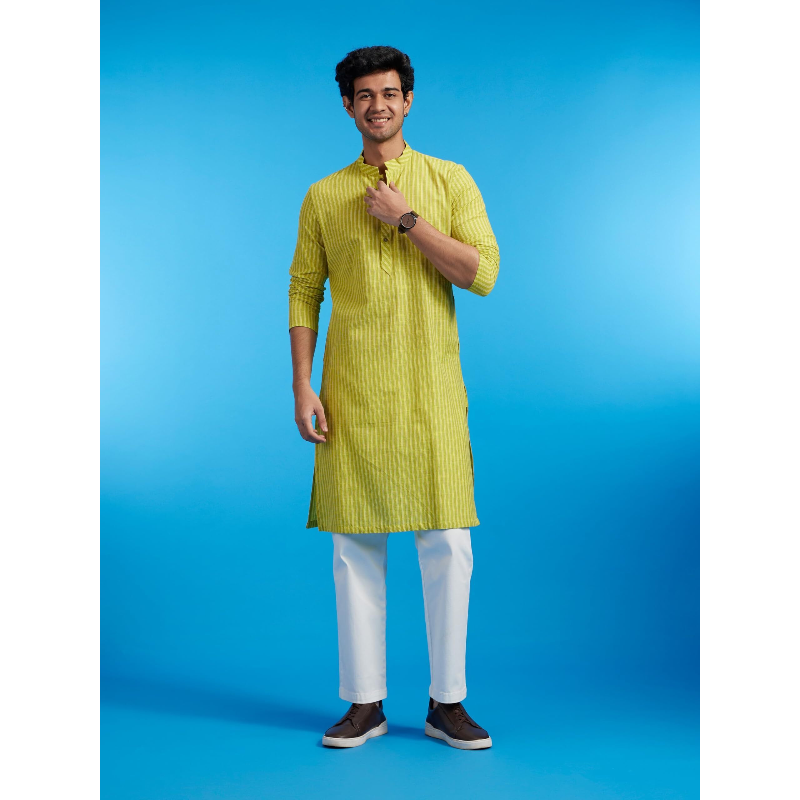 Diwas By Manyavar Men's Cotton Striped Kurta (Light Mid Green,Xxl)