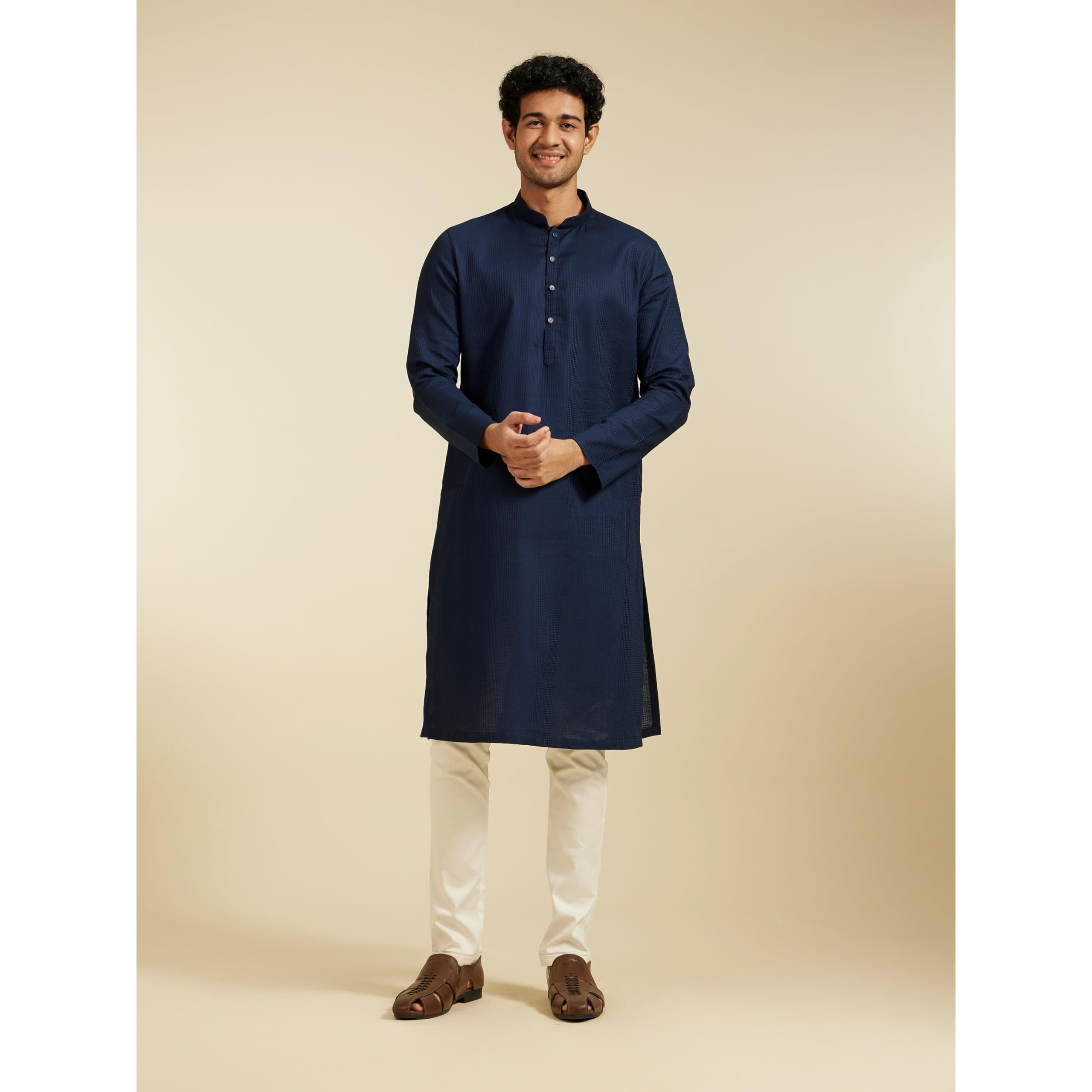 Diwas By Manyavar Men's Cotton Textured Kurta (Dark Blue,Xxxl)