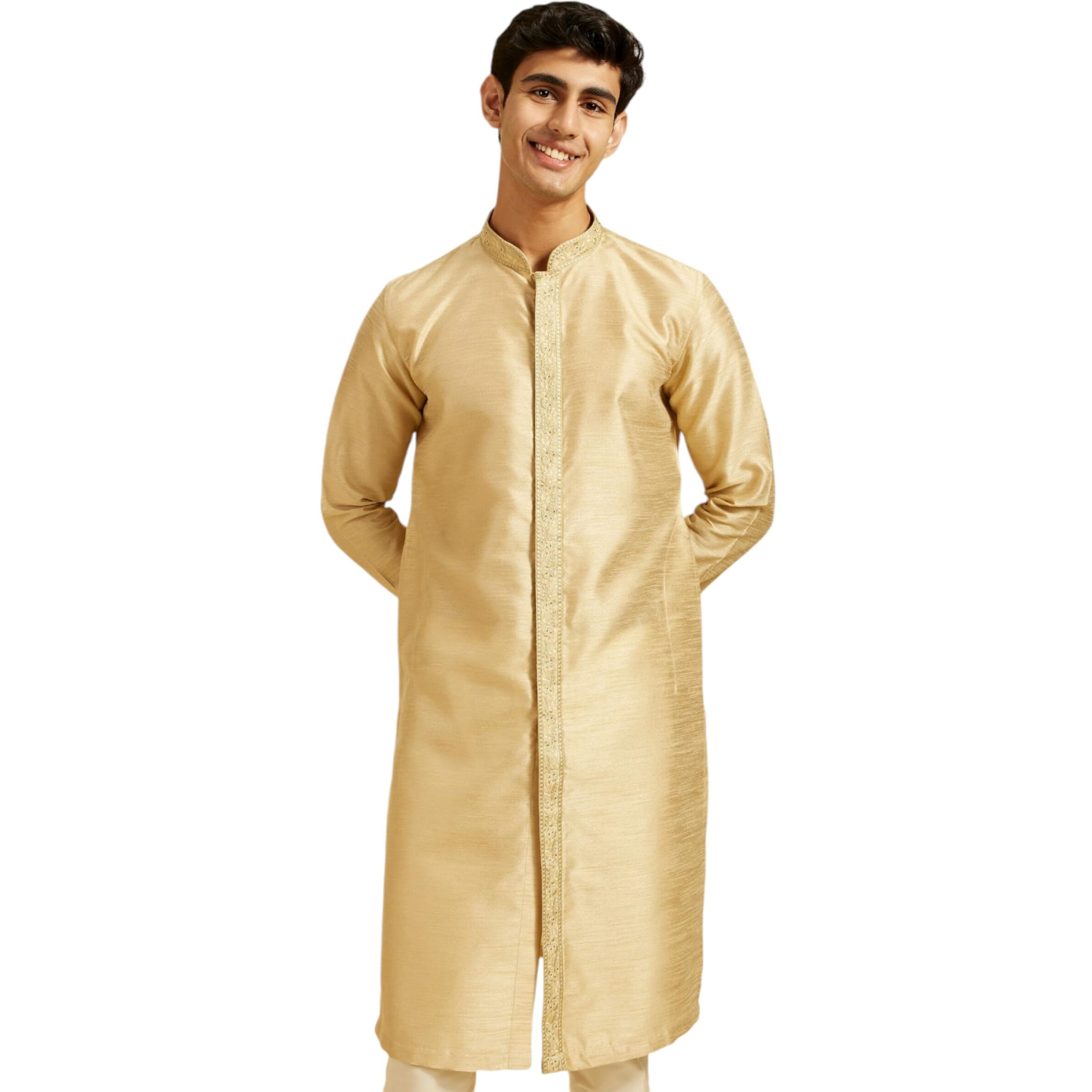 Diwas By Manyavar Men's Art Silk Embroidered | Jacquard Weave Kurta (Beige,M)