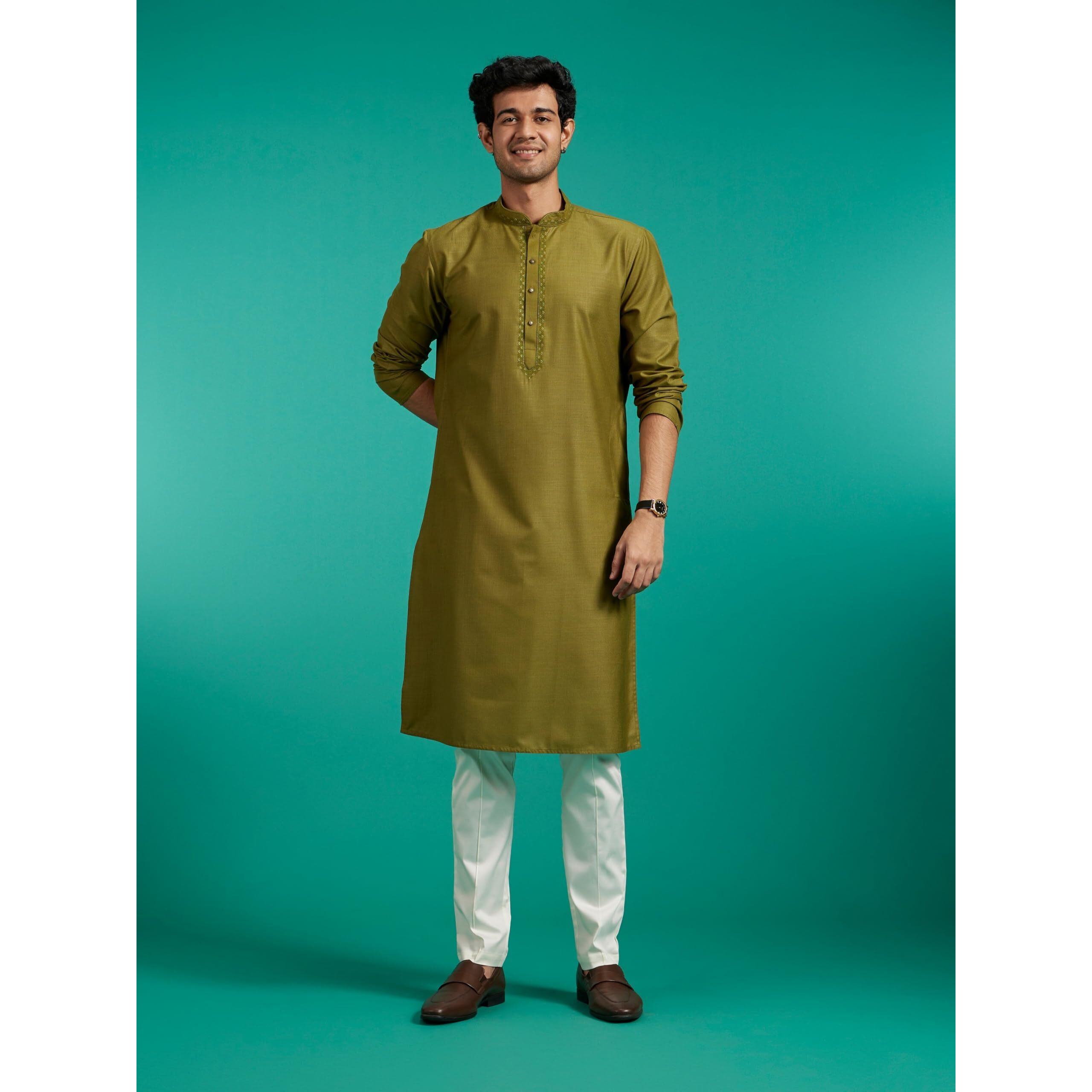 Diwas By Manyavar Men's Viscose Blend Solid Kurta (Olive Green,Xxxl)