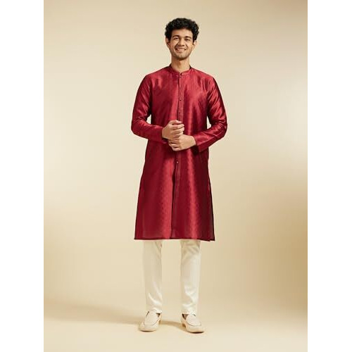 Diwas By Manyavar Men's Art Silk Textured Kurta (Maroon,S)