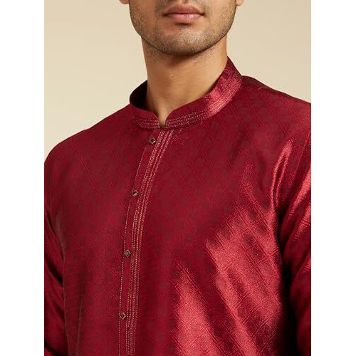 Diwas By Manyavar Men's Art Silk Textured Kurta (Maroon,S)