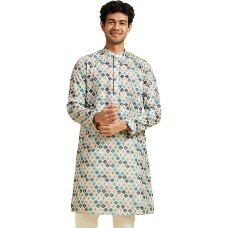 Diwas By Manyavar Men's Viscose Blend Printed Kurta (Aqua Green,M)