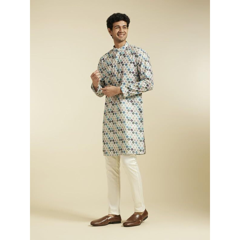 Diwas By Manyavar Men's Viscose Blend Printed Kurta (Aqua Green,M)