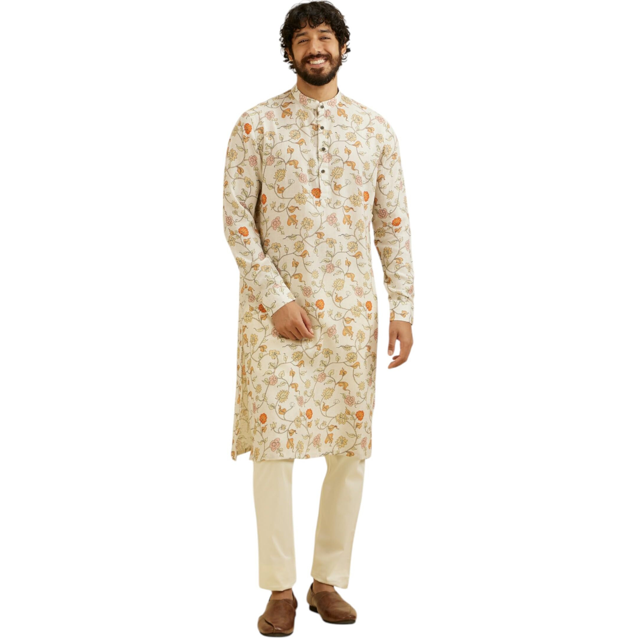 Manyavar Men's Linen Blend Floral Print Kurta (Cream,Xxl)