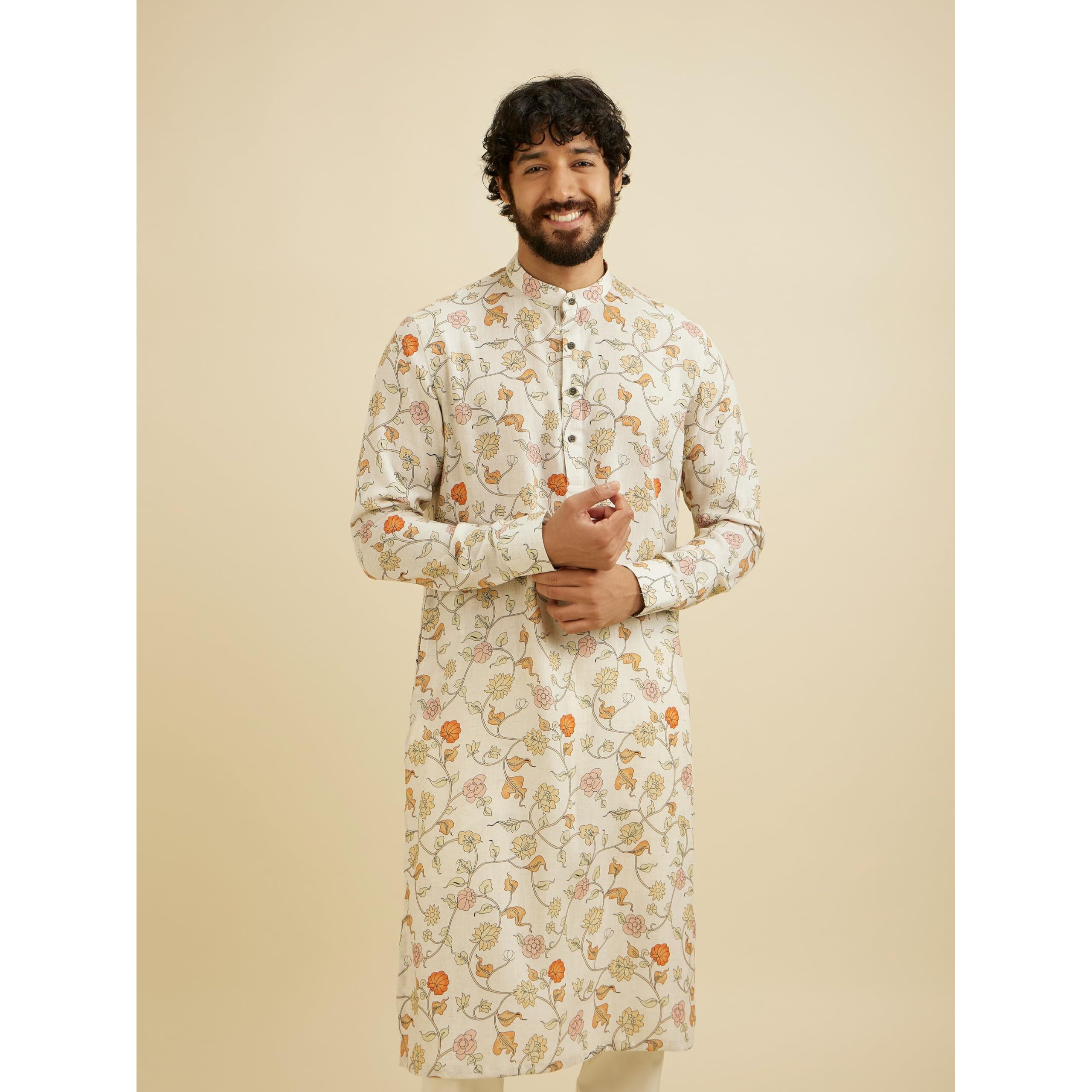 Manyavar Men's Linen Blend Floral Print Kurta (Cream,Xxl)