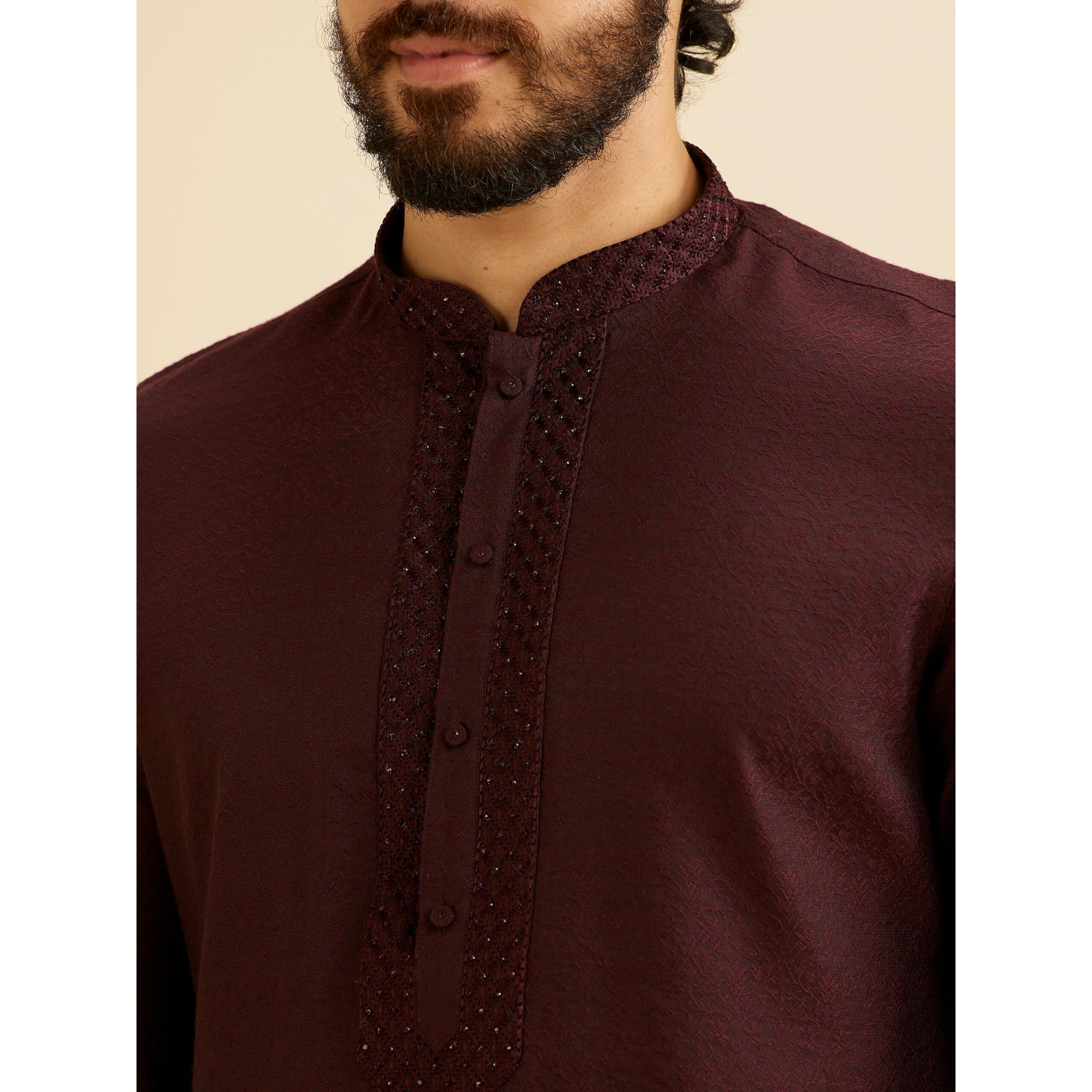 Manyavar Men's Viscose Blend Neck Embroidery Kurta Set (Wine,S)