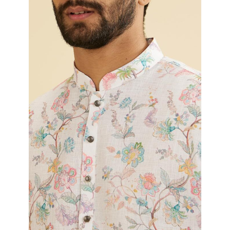 Manyavar Blended Cotton Men's Floral Print Kurta (Cream,M)