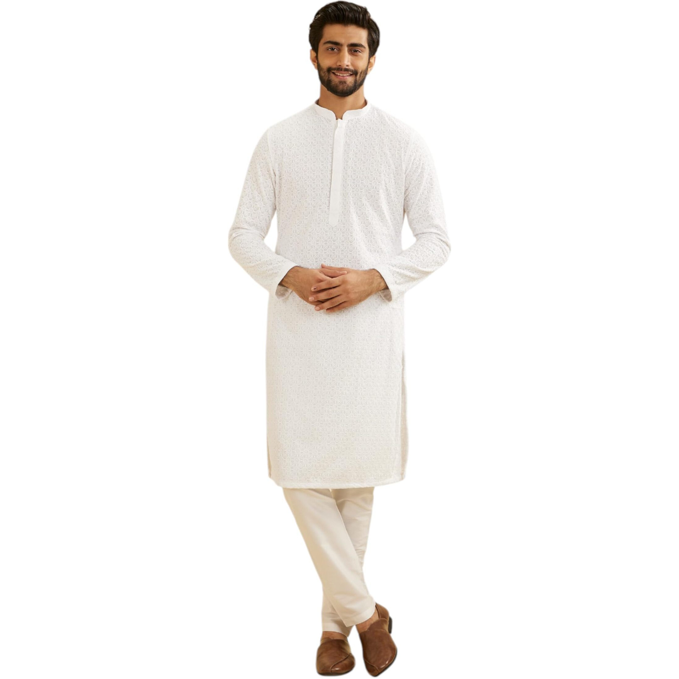 Manyavar Men's Blended Cotton Embroidery|Thread Work Kurta Set (White,L)