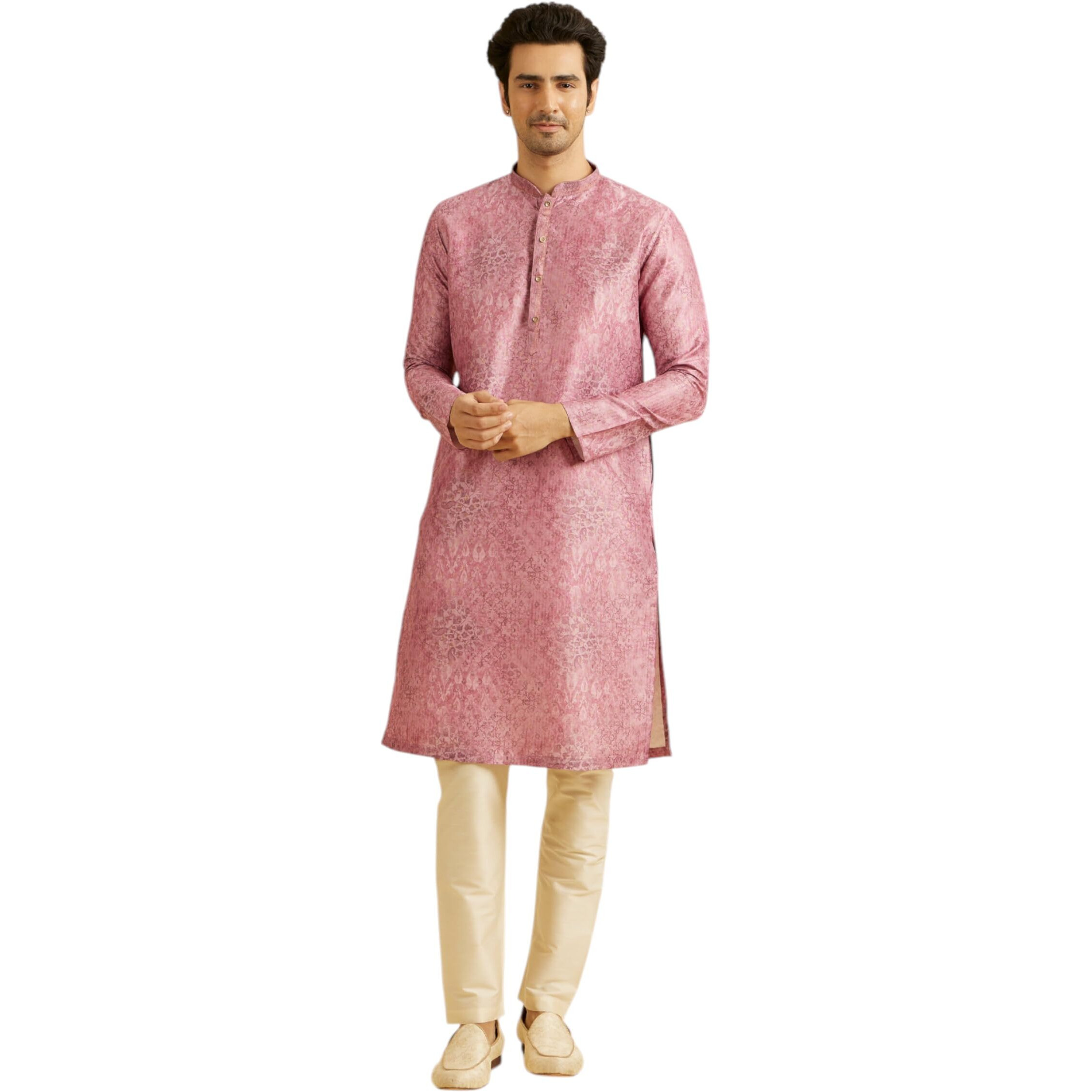 Manyavar Men's Art Silk Printed Kurta Set (Rani,M)