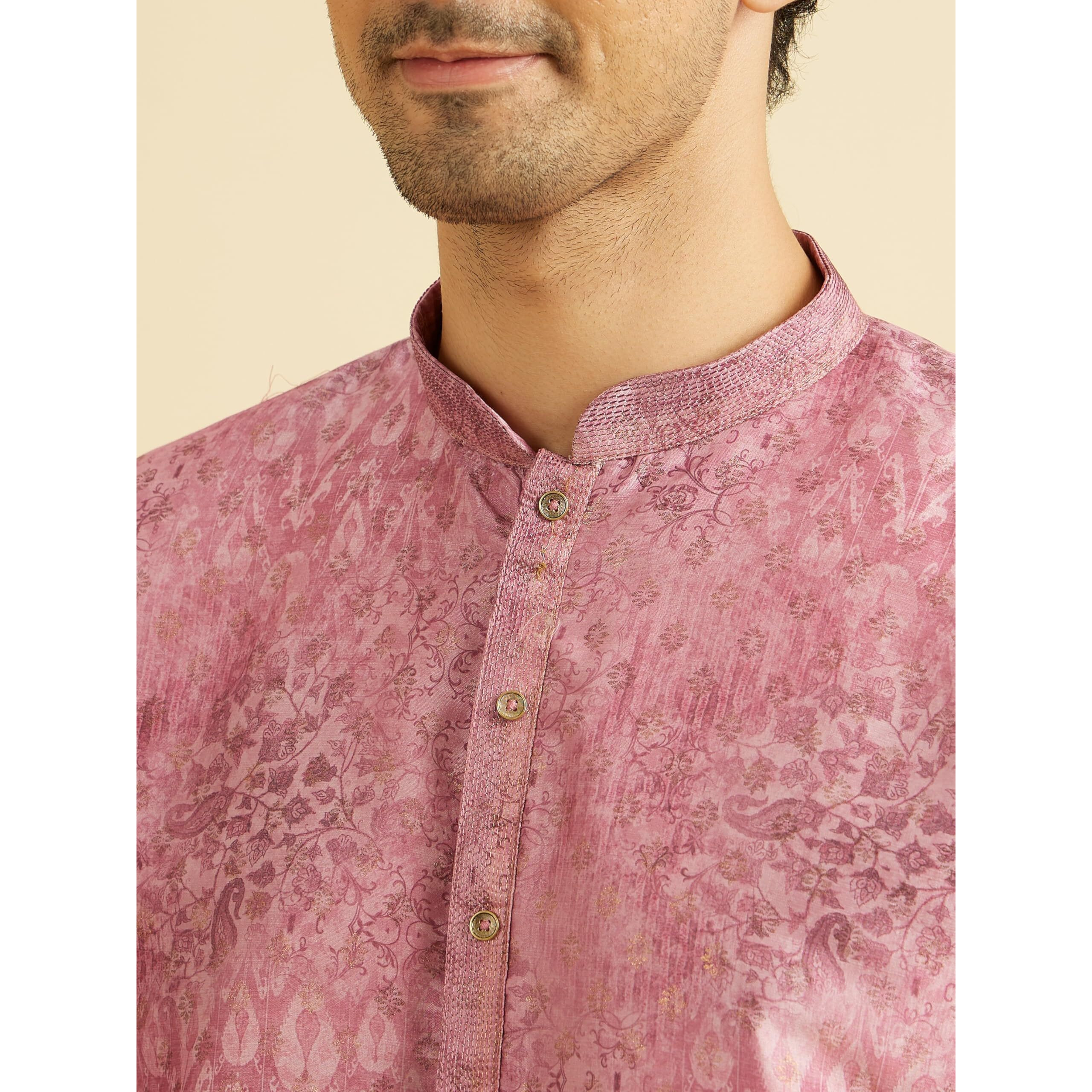 Manyavar Men's Art Silk Printed Kurta Set (Rani,M)