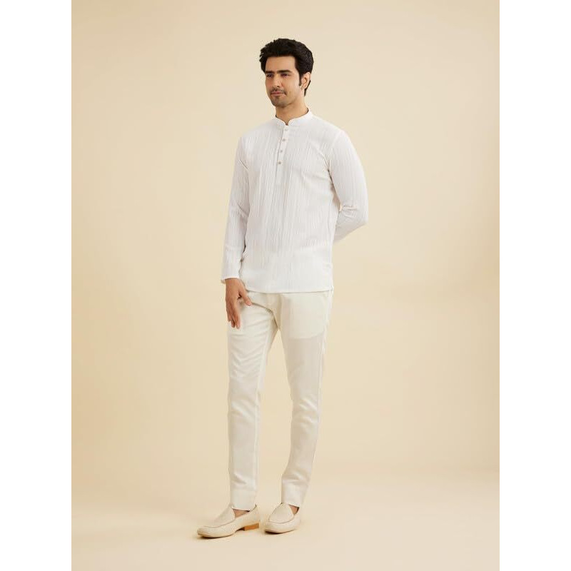Manyavar Men's Spandex Textured Short Kurta (White,M)