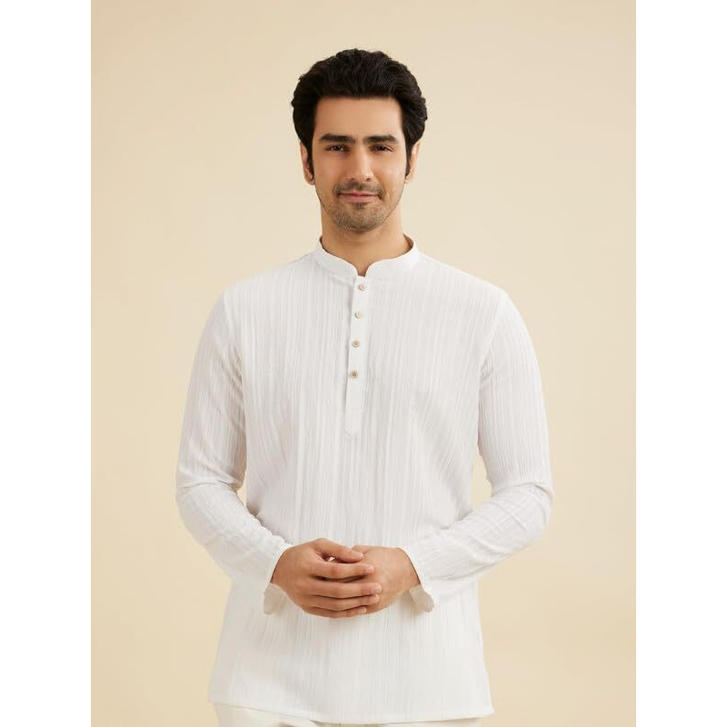 Manyavar Men's Spandex Textured Short Kurta (White,M)