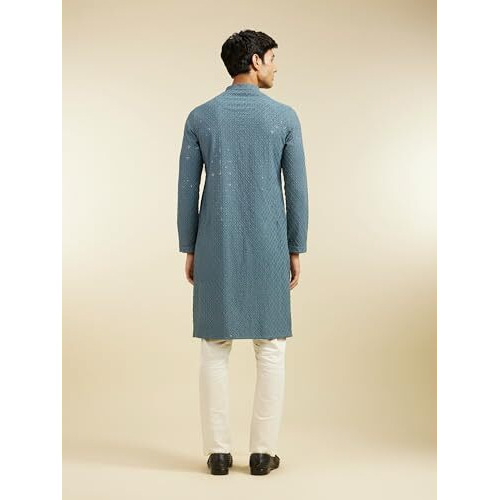 Diwas By Manyavar Men's Viscose Embroidery|Sequin Work Kurta Set (Greyish Blue,Xxl)