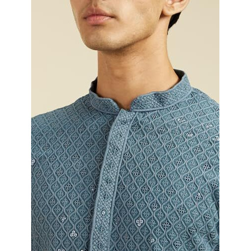 Diwas By Manyavar Men's Viscose Embroidery|Sequin Work Kurta Set (Greyish Blue,Xxl)