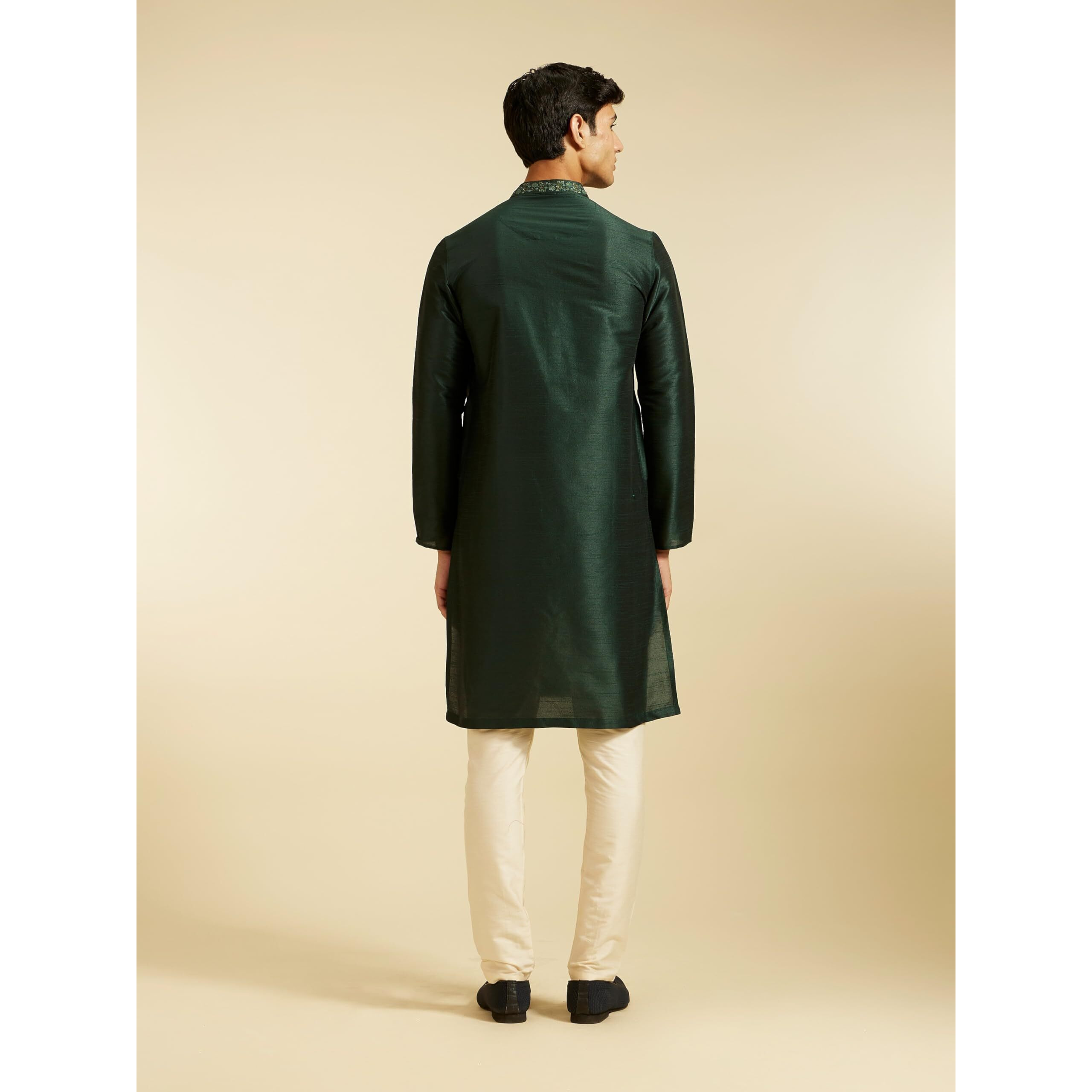 Diwas By Manyavar Men's Art Silk Embroidered Solid Kurta Set (Dark Green,L)