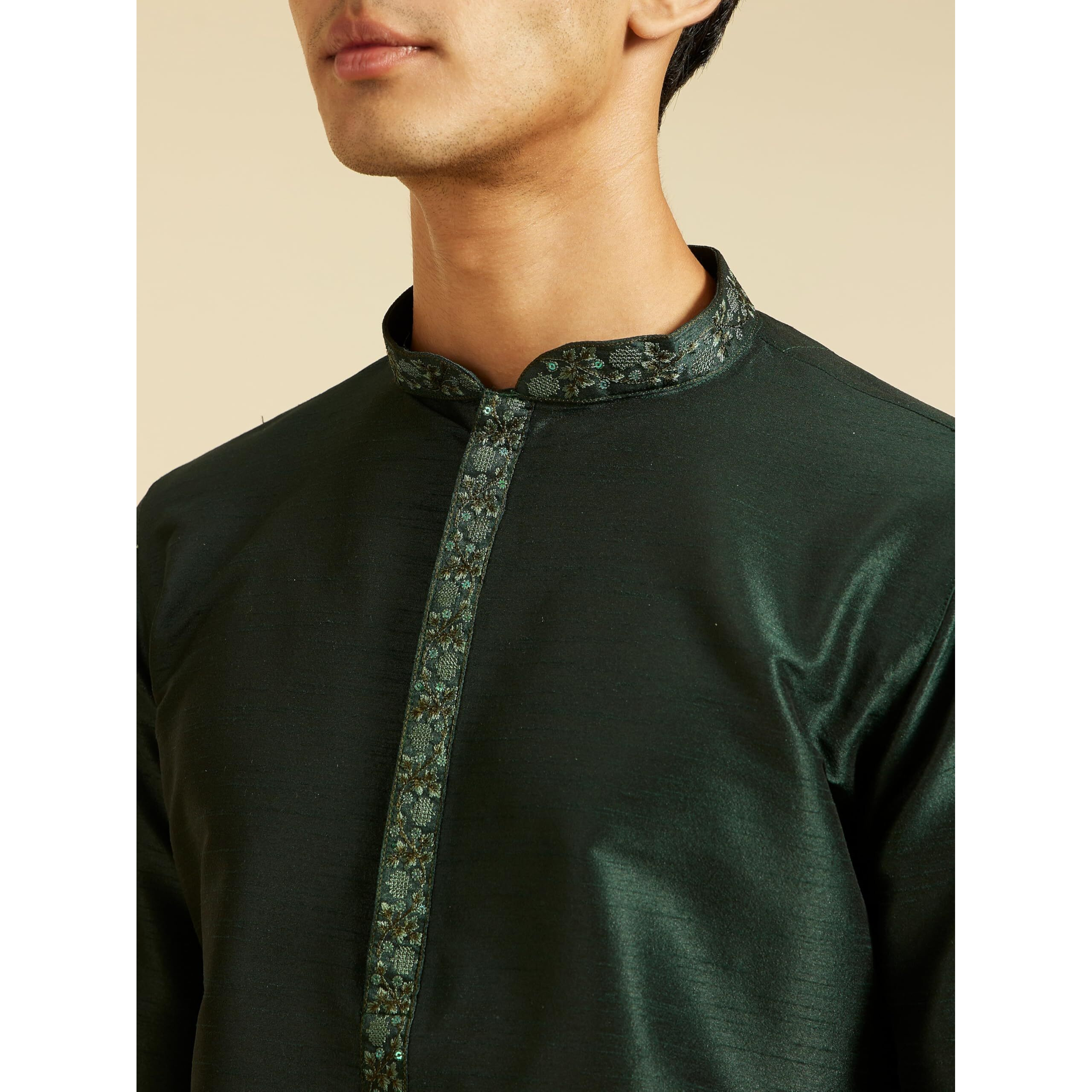 Diwas By Manyavar Men's Art Silk Embroidered Solid Kurta Set (Dark Green,L)