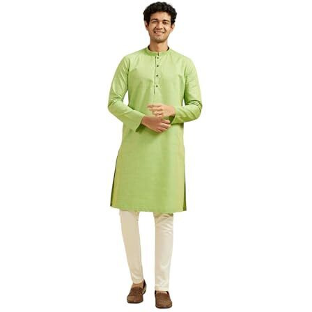 Diwas By Manyavar Men's Blended Cotton Self Design Kurta Set (Light Mid Green,M)