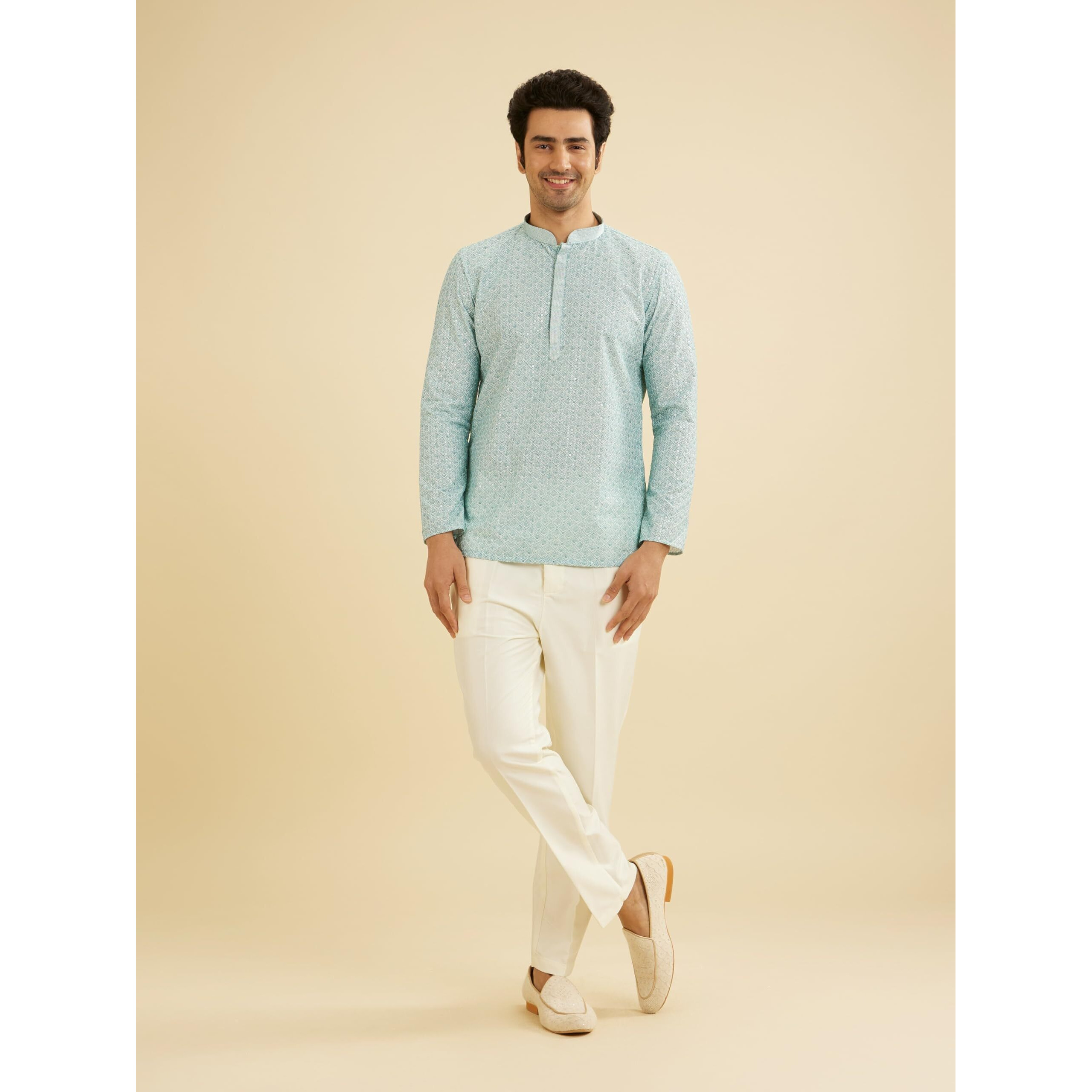 Manyavar Blended Cotton Men's Digital Print Short Kurta (Green,M)