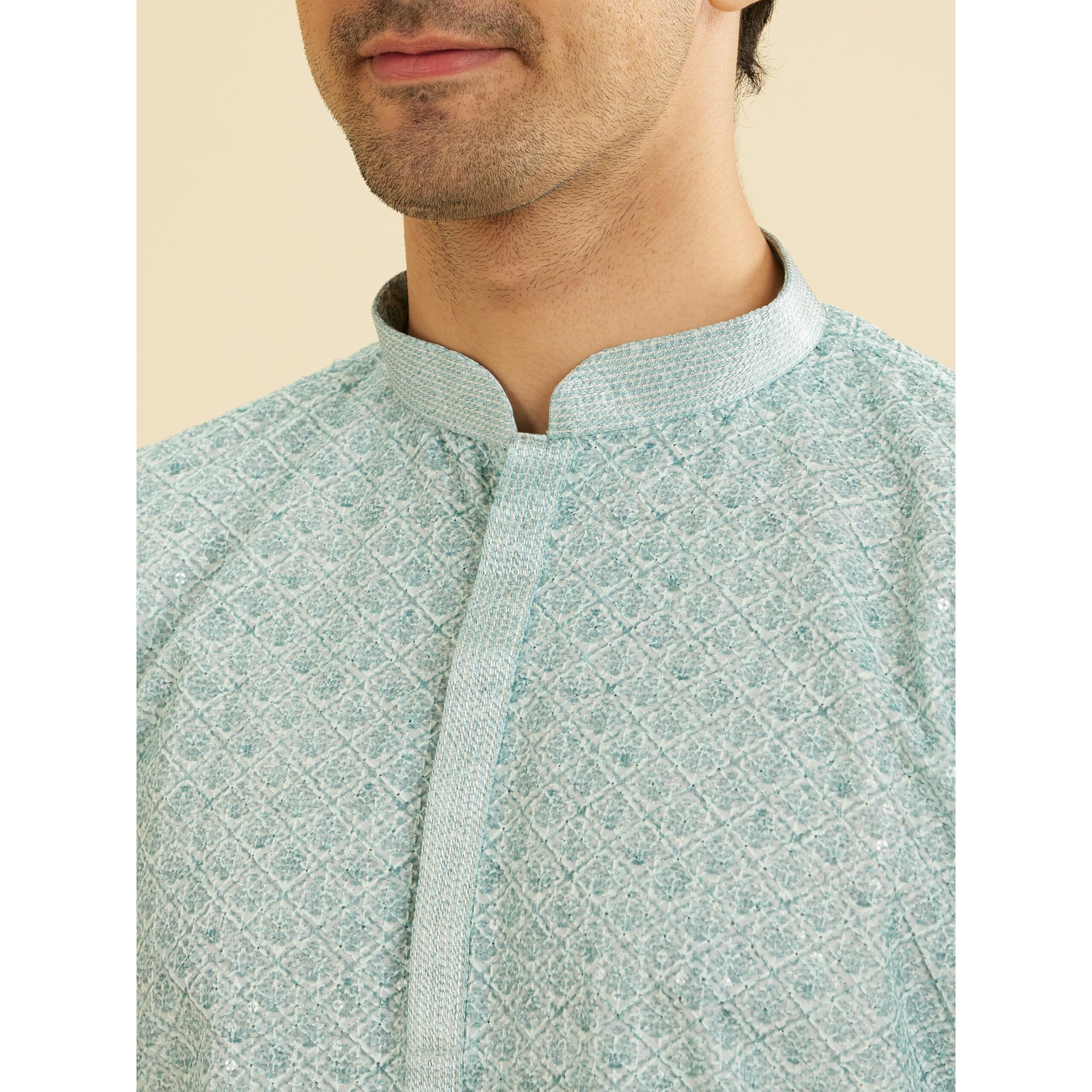 Manyavar Blended Cotton Men's Digital Print Short Kurta (Green,M)