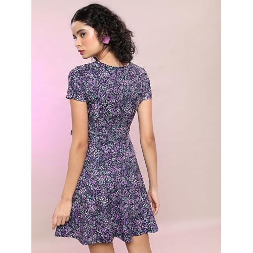 Ketch Women's Polyester Blend Wrap Mini Dress (Khj6000531_Black Multi