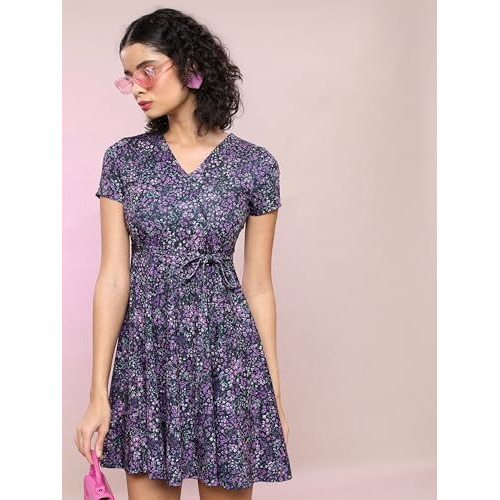 Ketch Women's Polyester Blend Wrap Mini Dress (Khj6000531_Black Multi