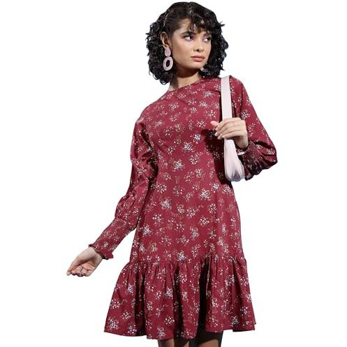 Ketch Women's Polyester Drop-Waist Knee Length Dress (Khj6000571_Brown