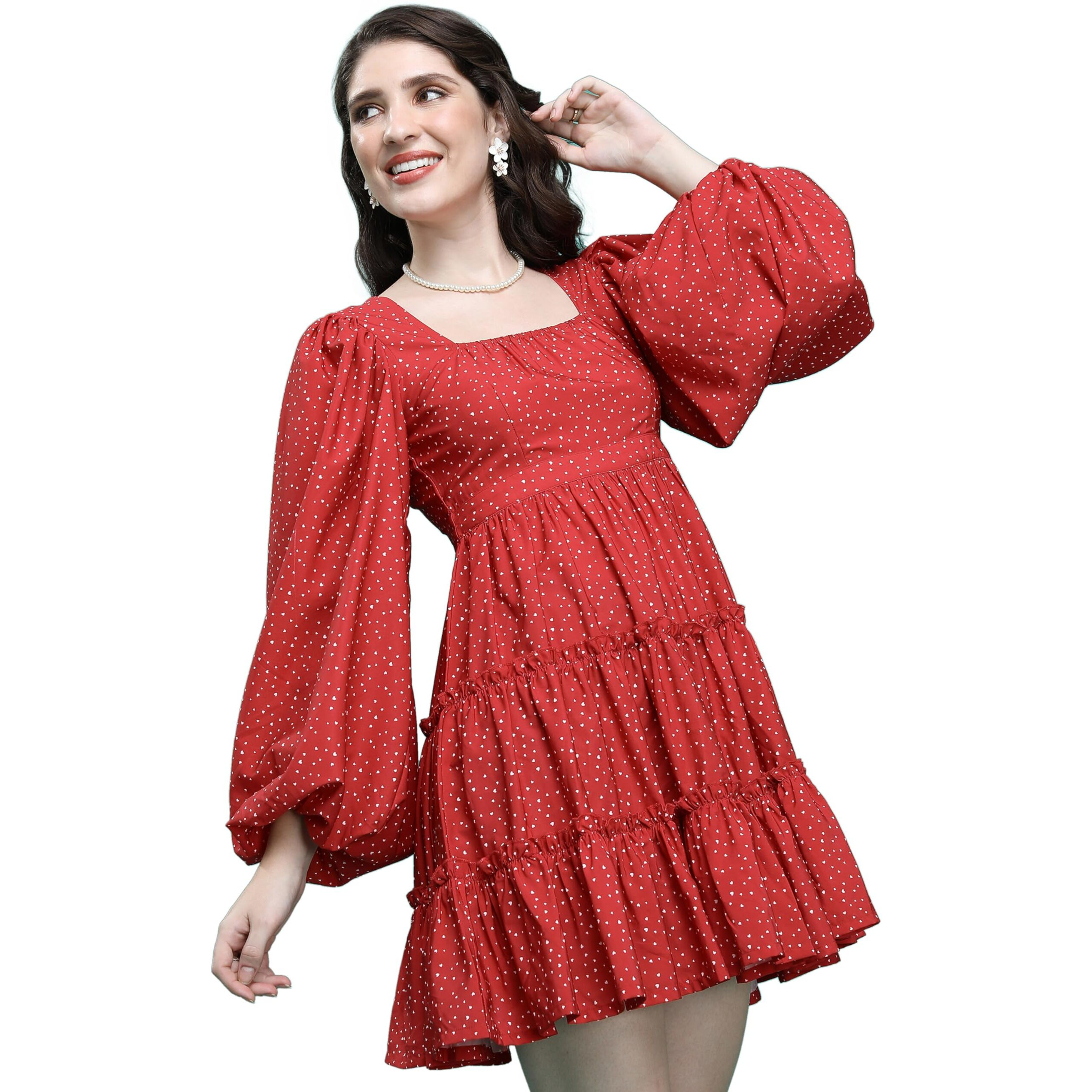 Ketch Women's Cotton Blend Flounce Sleeve Short Dress Above The Knee Khj6000574_Red