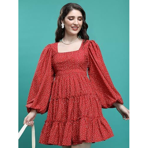 Ketch Women's Cotton Blend Flounce Sleeve Short Dress Above The Knee Khj6000574_Red