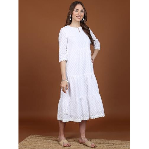 Ketch Cotton Blend Women Regular Fit Bright White Dress Mid-Calf Length Kha1000075