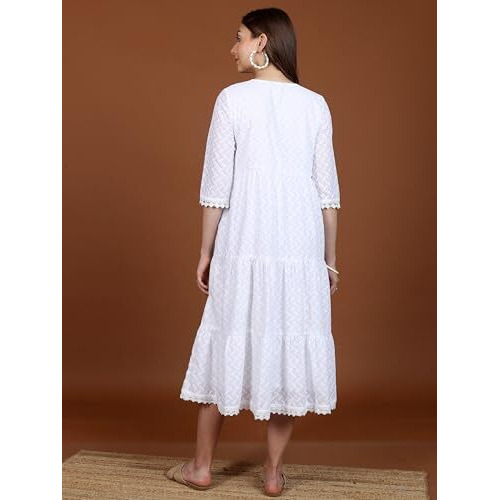 Ketch Cotton Blend Women Regular Fit Bright White Dress Mid-Calf Length Kha1000075