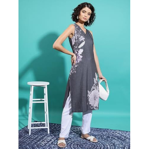 Ketch Women's Cotton Blend Regular Kurta (Khku000425_Black)