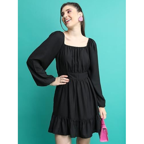 Ketch Women's Cotton Blend Square Neck Bishop Sleeve Croptop Above The Knee Dress (Khj6000588_Black