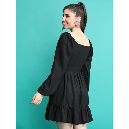 Ketch Women's Cotton Blend Square Neck Bishop Sleeve Croptop Above The Knee Dress (Khj6000588_Black