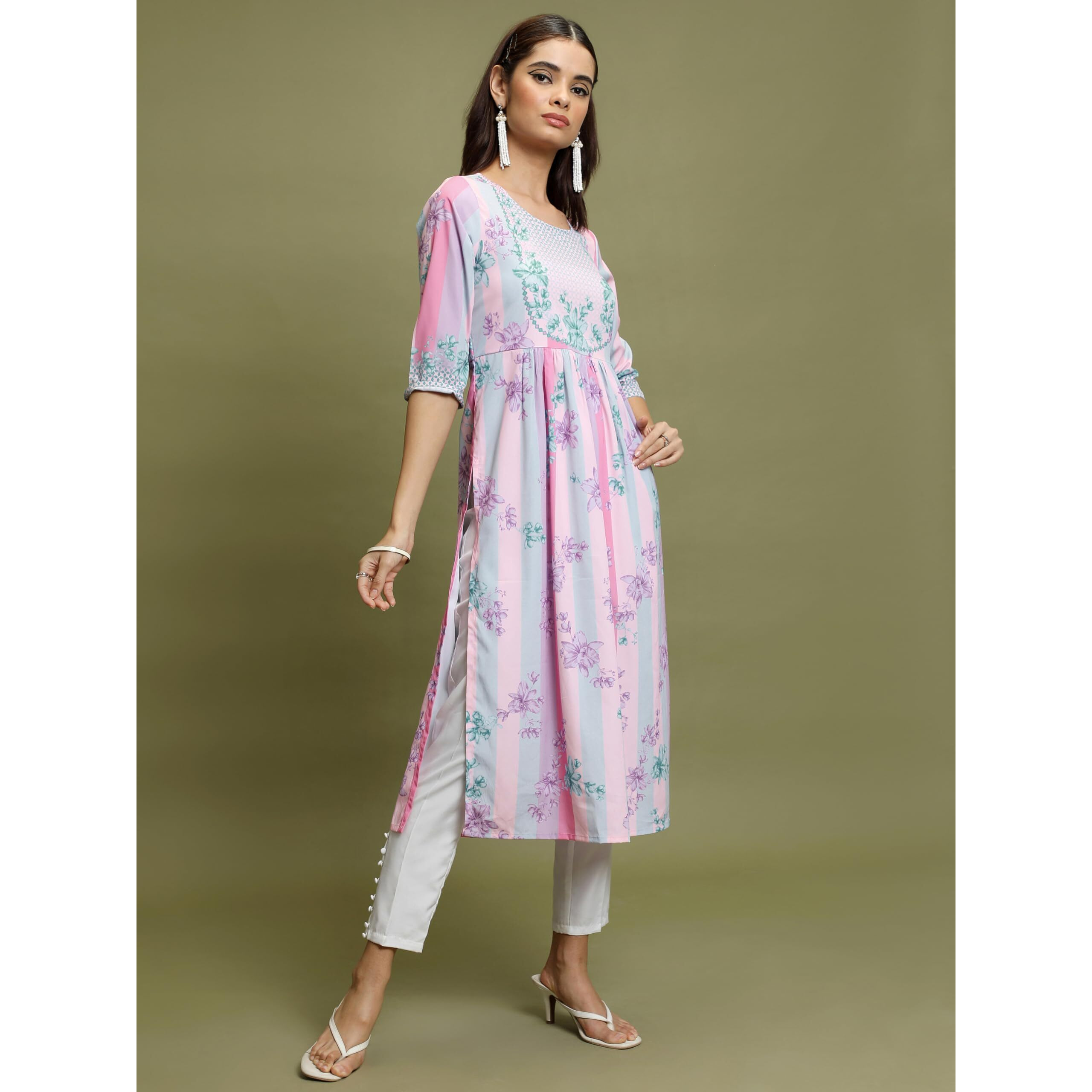 Ketch Women's Polyester Regular Fit Kurta (Khku000443_Pink Multi