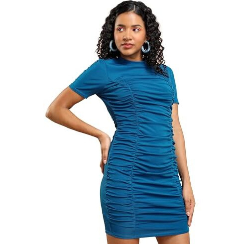 Ketch Women's Cotton Blend Mock Neck Ruched Mini Dress Above The Knee Khj6000596_Blue