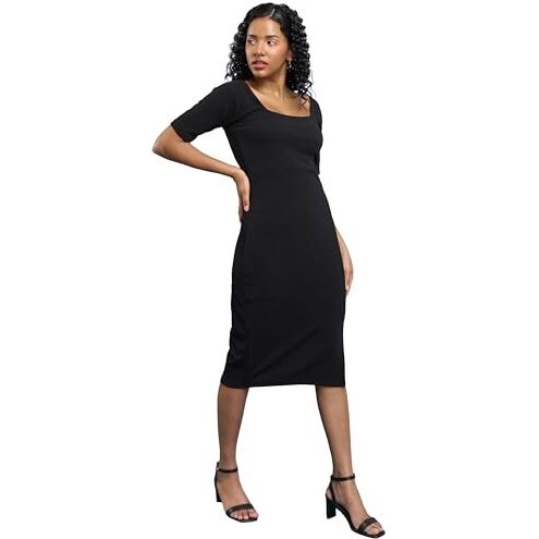 Ketch Women's Cotton Blend Bodycon Solid Dress Knee-Length Khj6000613_Black