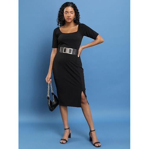 Ketch Women's Cotton Blend Bodycon Solid Dress Knee-Length Khj6000613_Black