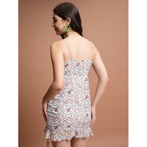 Ketch Women's Polyester Bodycon Mini Dress (Khj6000615_White/Yellow/Multi