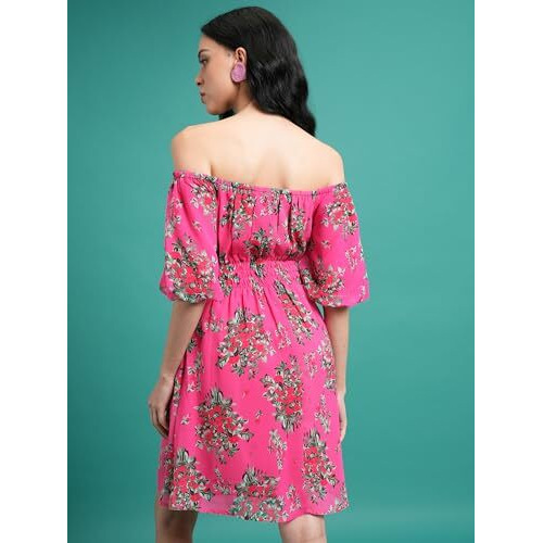 Ketch Women's Polyester Fit And Flare Mini Dress (Khj6000618_Pink/Green Multi