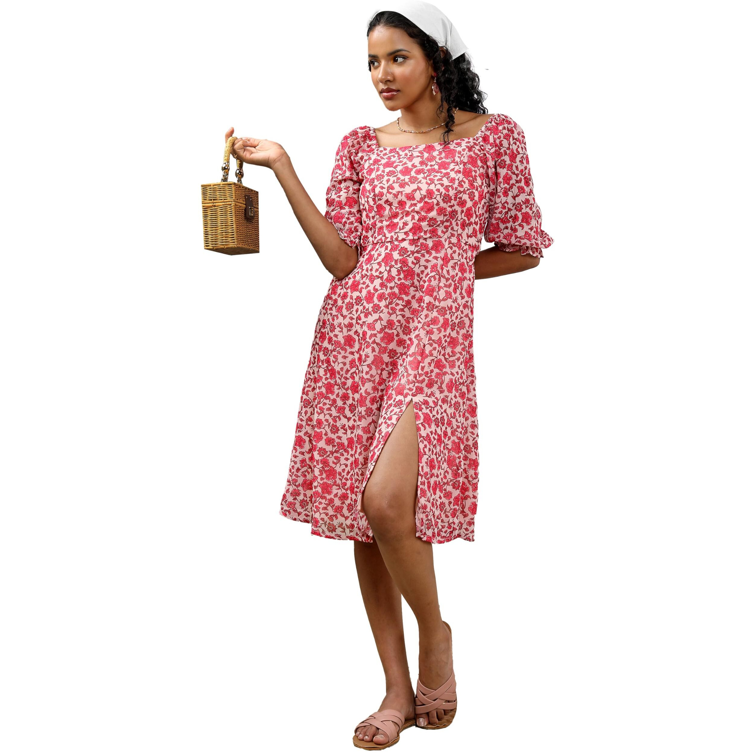 Ketch Women's Cotton Blend Fit And Flare Midi Dress Knee-Length Khj6000625_Pink/White/Multi