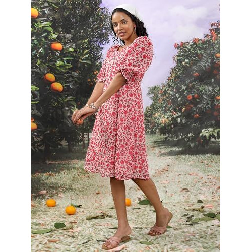 Ketch Women's Cotton Blend Fit And Flare Midi Dress Knee-Length Khj6000625_Pink/White/Multi