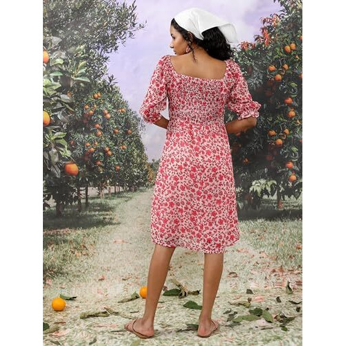 Ketch Women's Cotton Blend Fit And Flare Midi Dress Knee-Length Khj6000625_Pink/White/Multi